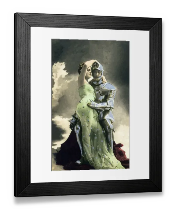 Framed Print : Man in knight's armour embracing a woman in a dress