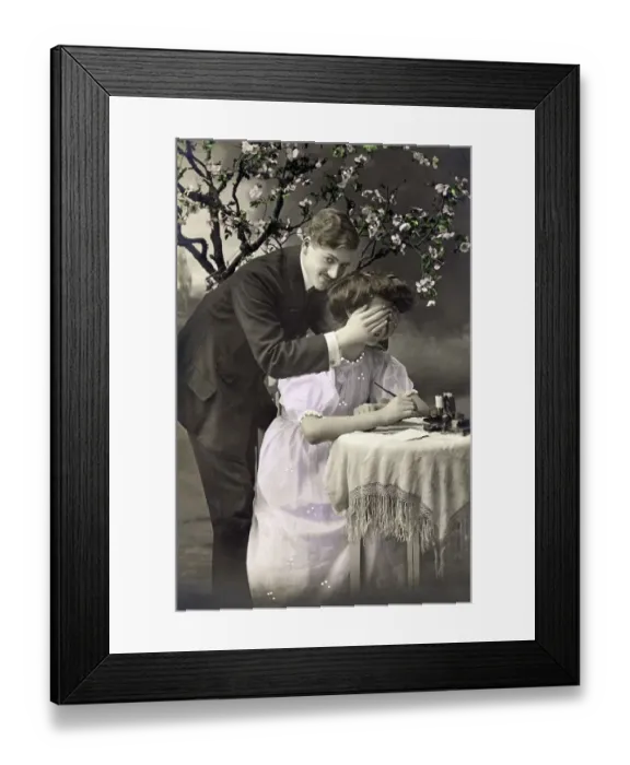 Framed Print : Lovers, surprise, man closing his eyes Framed Print : Lovers, surprise, man closing his eyes