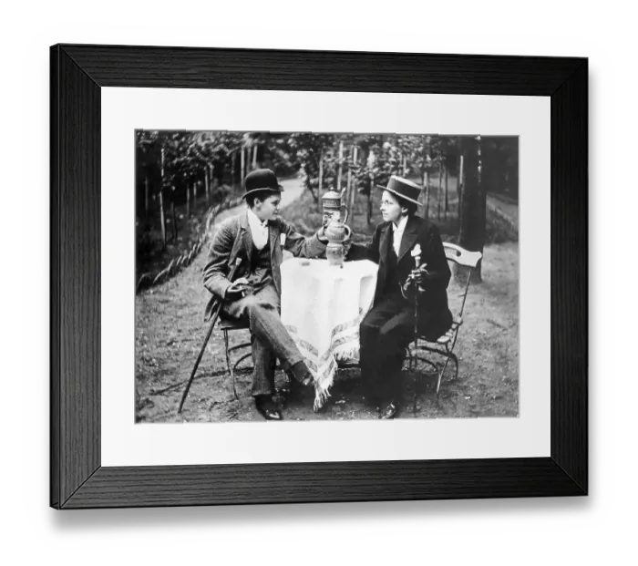 Framed Print : Equality, two women in men's clothing smoking and drinking beer