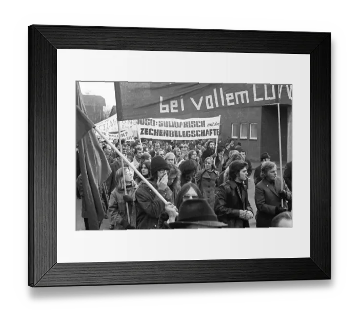 Framed Print : A workers meeting in the wash-house of the Monopol colliery on 18 November 1973 in Kamen was replaced by a