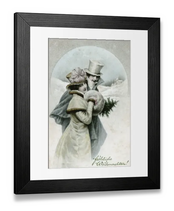 Framed Print : Historic postcard about 1900 Germany christmas postcard couple with small christmas tree hemlock tree