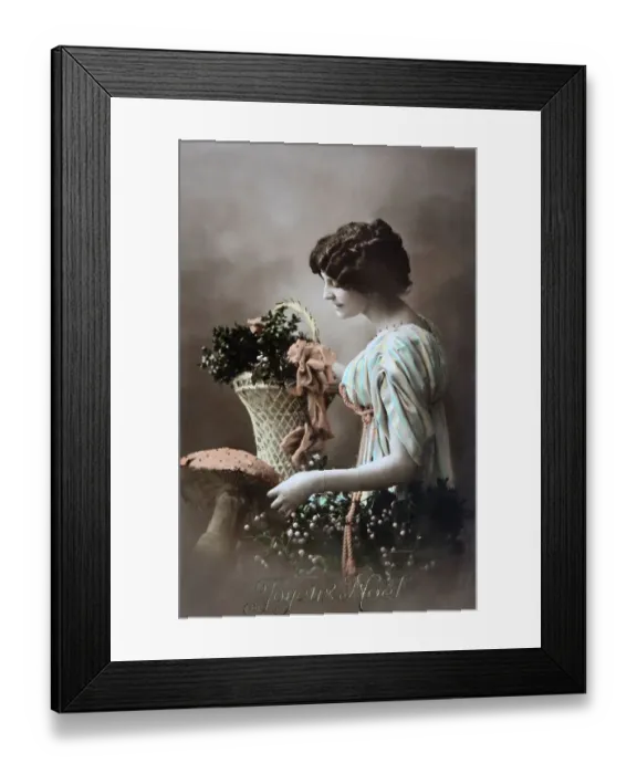 Framed Print : Old French postcard, woman with flowers in basket