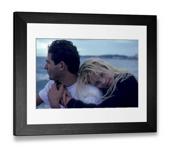 Framed Print : Lovers, woman embraces a man, leans her head on his shoulder