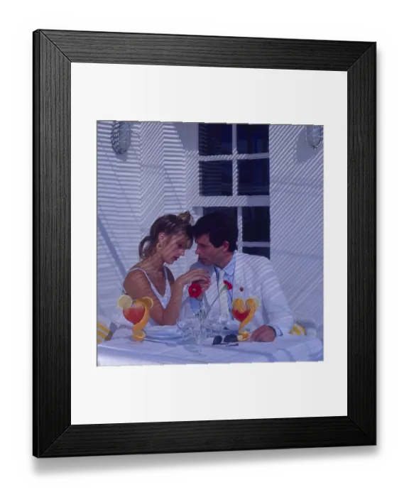 Framed Print : Young couple eating lovers restaurant, terrace
