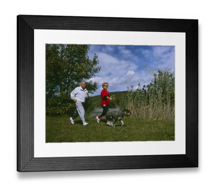 Framed Print : Elderly couple walking with dog Framed Print : Elderly couple walking with dog