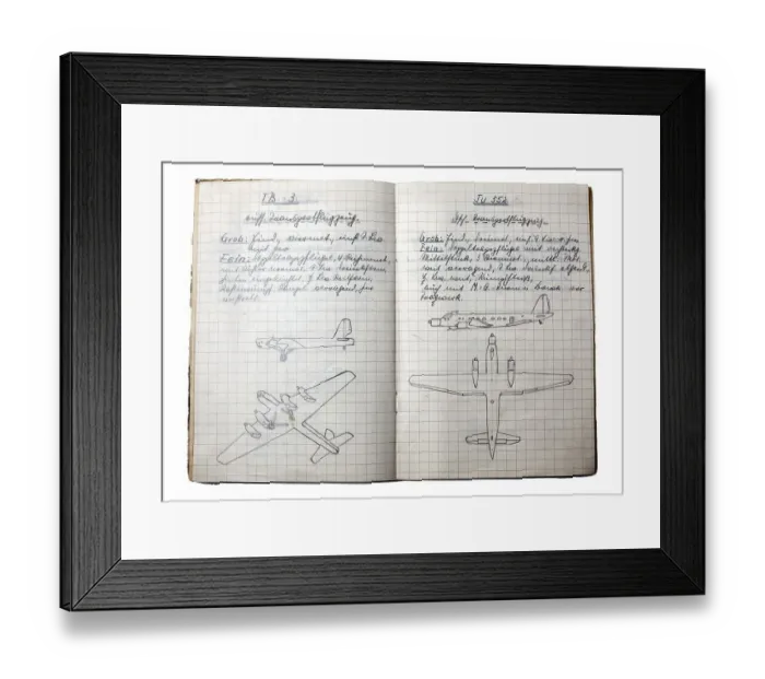 Framed Print : A booklet with handwritten text and drawings for aircraft detection