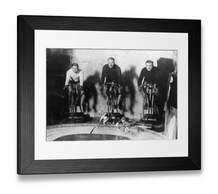 Framed Print : Three racing drivers with toy racing figures