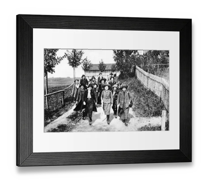 Framed Print : Schoolchildren, girls in school uniform on a hike 1930s Framed Print : Schoolchildren, girls in school uniform on a hike 1930s