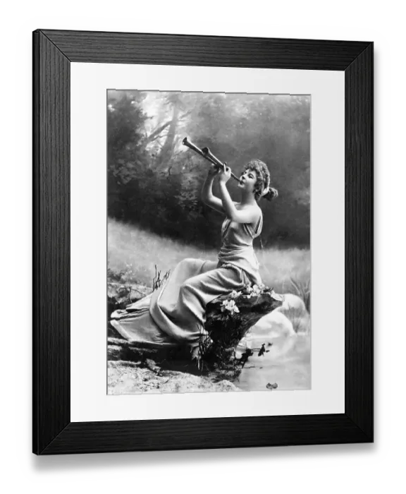 Framed Print : Musician, woman plays flute, set design