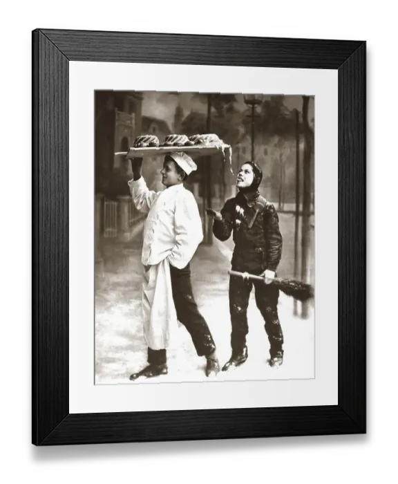 Framed Print : Baker with chimney sweep nibbling cake Framed Print : Baker with chimney sweep nibbling cake