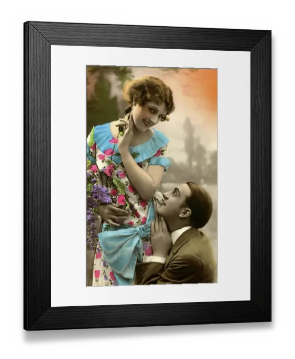 Framed Print : Flirt, man kneels in front of a woman