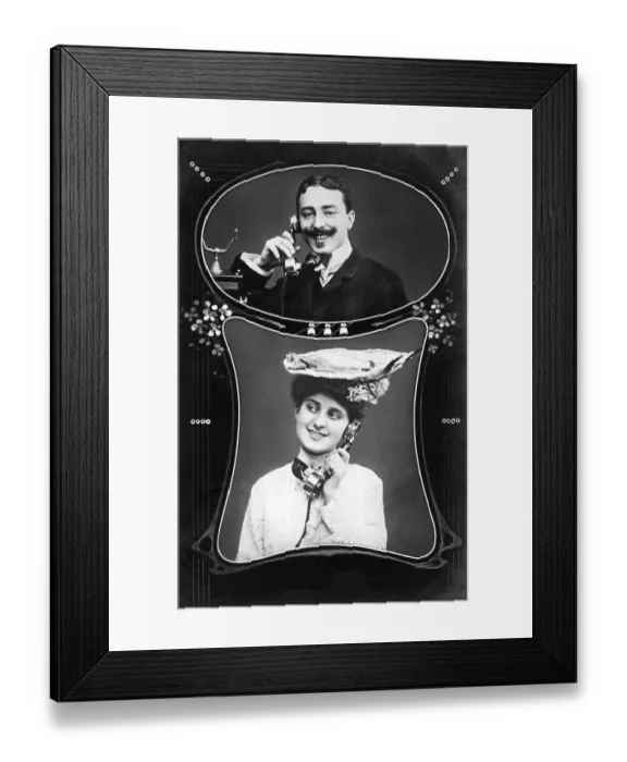 Framed Print : Couple, man and woman on the phone with a skeletal apparatus