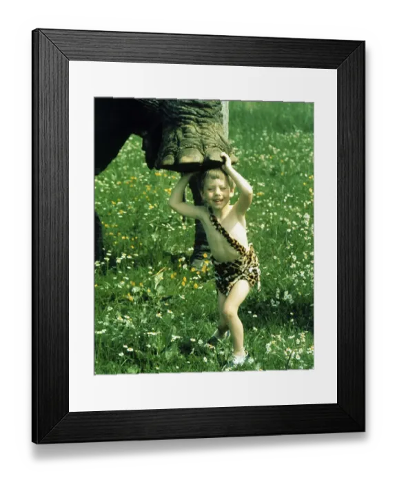 Framed Print : Child under elephant foot, England, Great Britain Framed Print : Child under elephant foot, England, Great Britain