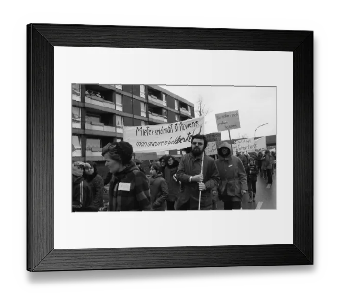 Framed Print : Tenants of Neue Heimat in Dortmund-Scharnhorst protested against rent increases in their housing estate with a