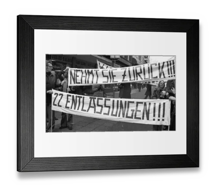 Framed Print : At the same time, workers of Mannesmann AG in Duisburg demonstrated against the dismissal of 22 company employees