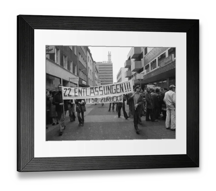 Framed Print : At the same time, workers of Mannesmann AG in Duisburg demonstrated against the dismissal of 22 company employees Framed Print : At the same time, workers of Mannesmann AG in Duisburg demonstrated against the dismissal of 22 company employees
