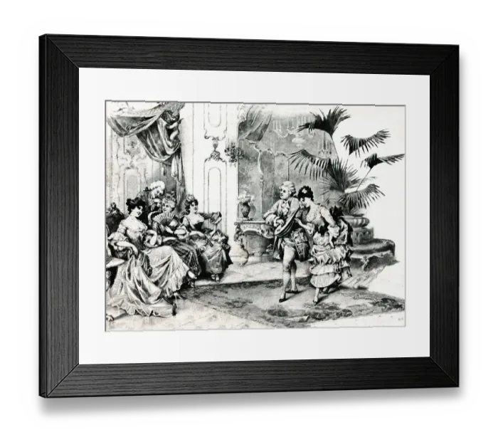 Framed Print : Courtly dancing in rococo costumes postcard about 1900