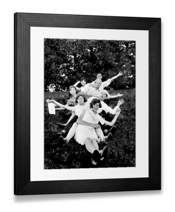Framed Print : Excursion, four women and three men posing on the meadow for the camera Framed Print : Excursion, four women and three men posing on the meadow for the camera