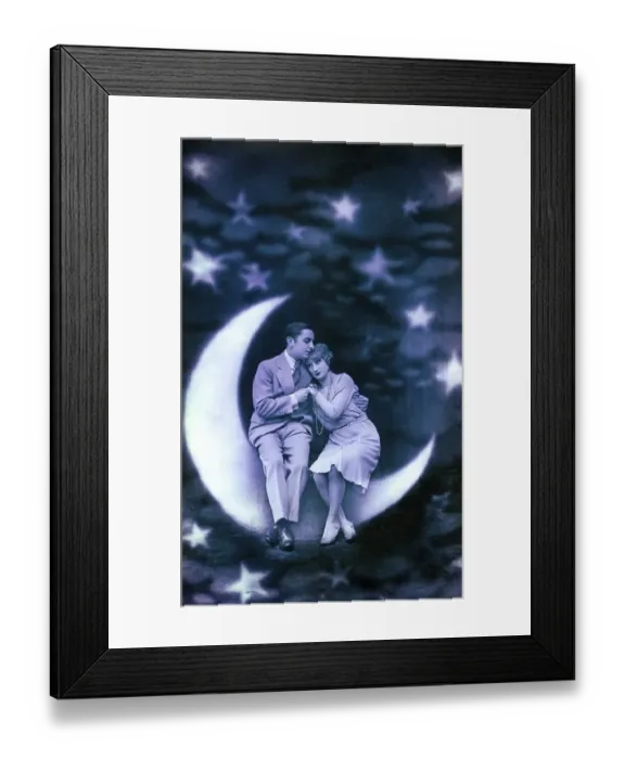 Framed Print : Early Montage, Lovers sitting on the crescent moon Framed Print : Early Montage, Lovers sitting on the crescent moon