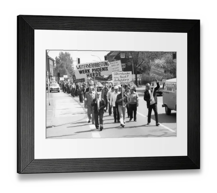 Framed Print : Fear of losing their jobs due to the merger of Hoesch AG with the Dutch steel company Hoogovens drove the steelworkers Framed Print : Fear of losing their jobs due to the merger of Hoesch AG with the Dutch steel company Hoogovens drove the steelworkers