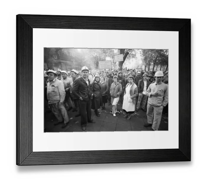 Framed Print : About 5000 steel workers of the Hoesch AG took to the streets to protest for the preservation of their jobs during a