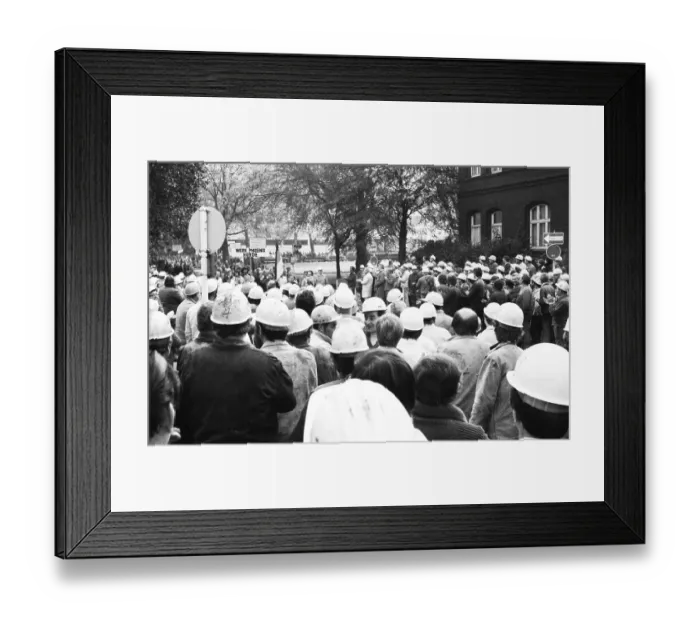 Framed Print : About 5000 steel workers of the Hoesch AG took to the streets to protest for the preservation of their jobs during a