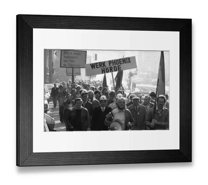 Framed Print : About 5000 steel workers of the Hoesch AG took to the streets to protest for the preservation of their jobs during a Framed Print : About 5000 steel workers of the Hoesch AG took to the streets to protest for the preservation of their jobs during a