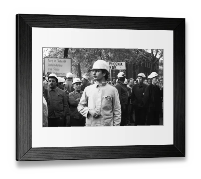 Framed Print : About 5000 steel workers of the Hoesch AG took to the streets to protest for the preservation of their jobs during a Framed Print : About 5000 steel workers of the Hoesch AG took to the streets to protest for the preservation of their jobs during a