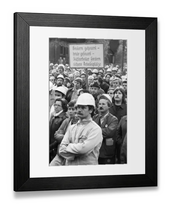Framed Print : About 5000 steel workers of the Hoesch AG took to the streets to protest for the preservation of their jobs during a Framed Print : About 5000 steel workers of the Hoesch AG took to the streets to protest for the preservation of their jobs during a