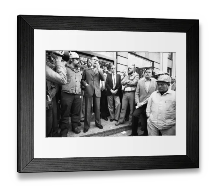 Framed Print : About 5000 steel workers of the Hoesch AG took to the streets to protest for the preservation of their jobs during a