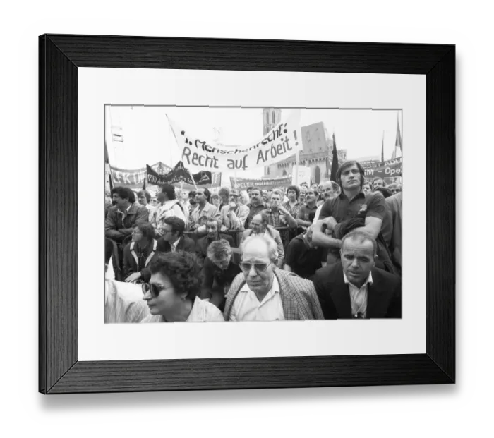 Framed Print : To secure their jobs, 6000 metalworkers of the Adler-Triumpf company took to the streets in protest in September 1981