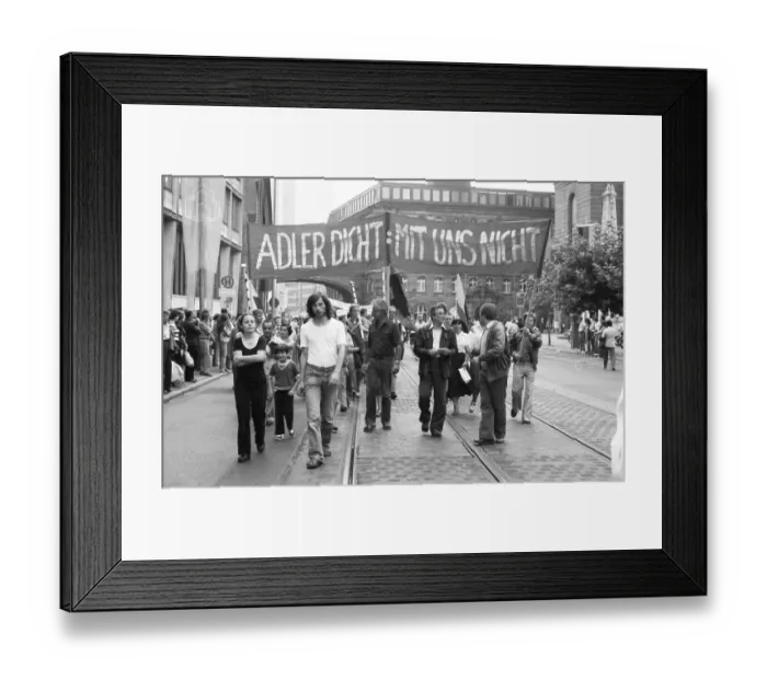 Framed Print : To secure their jobs, 6000 metalworkers of the Adler-Triumpf company took to the streets in protest in September 1981