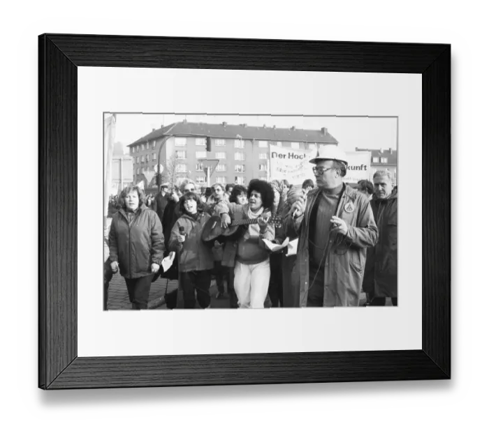 Framed Print : 2000 steelworkers and their relatives demonstrated out of concern for their jobs at the Schalker Verein (Thyssen AG)