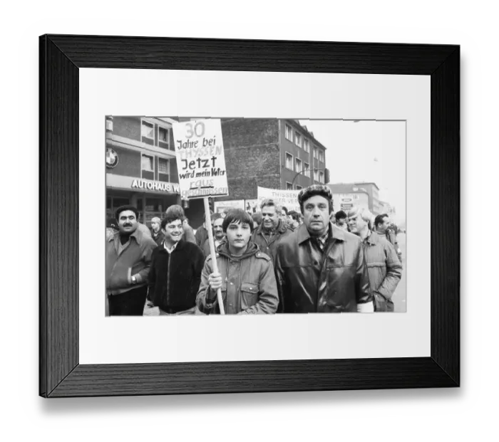 Framed Print : 2000 steelworkers and their relatives demonstrated out of concern for their jobs at the Schalker Verein (Thyssen AG)