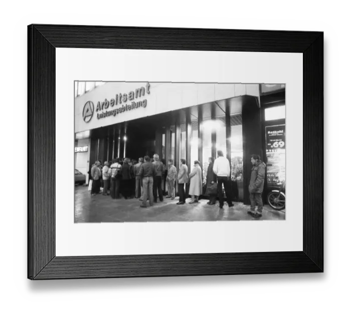 Framed Print : In the morning in front of the doors open in front of the labour office 1982
