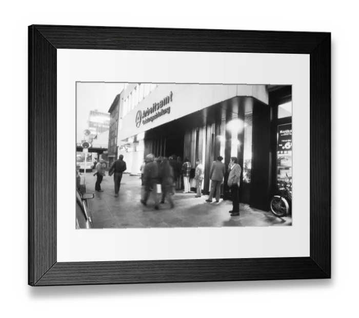 Framed Print : In the morning in front of the doors open in front of the labour office 1982