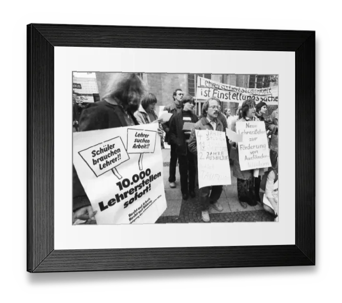 Framed Print : Unemployed teachers in 1982 at a protest against teacher unemployment in the Fussgaengerzone
