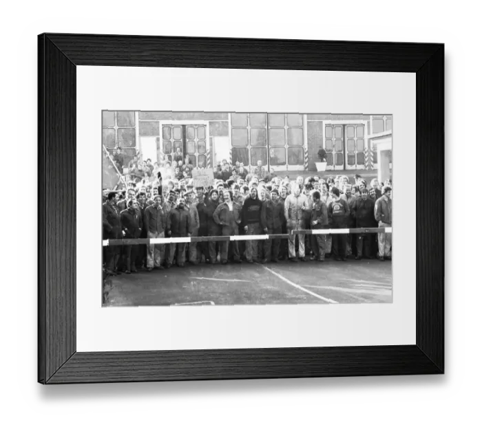 Framed Print : Steelworkers at Orenstein & paddock gathered for a spontaneous strike for wages behind the gates of their factory in Framed Print : Steelworkers at Orenstein & paddock gathered for a spontaneous strike for wages behind the gates of their factory in