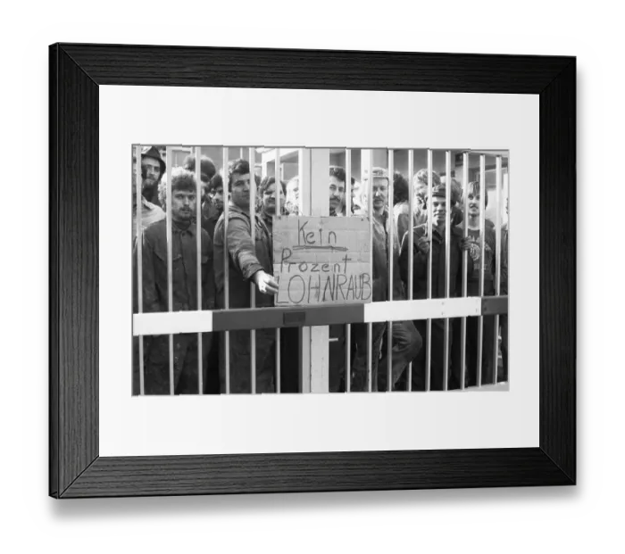 Framed Print : Steelworkers at Orenstein & paddock gathered for a spontaneous strike for wages behind the gates of their factory in Framed Print : Steelworkers at Orenstein & paddock gathered for a spontaneous strike for wages behind the gates of their factory in