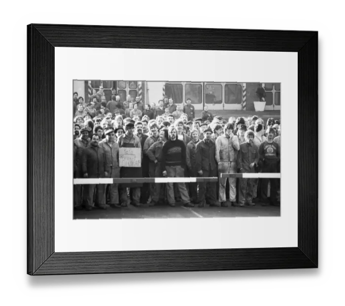 Framed Print : Steelworkers at Orenstein & paddock gathered for a spontaneous strike for wages behind the gates of their factory in Framed Print : Steelworkers at Orenstein & paddock gathered for a spontaneous strike for wages behind the gates of their factory in