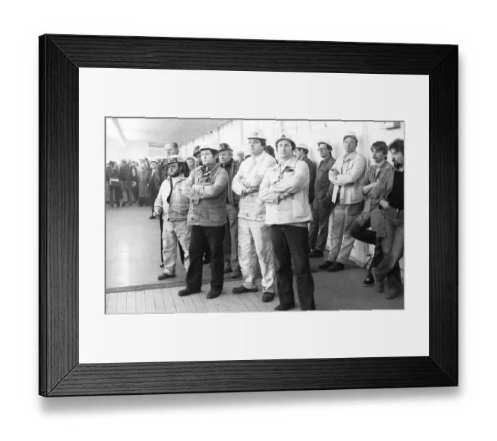 Framed Print : The members of IG Metall decided to go on a warning strike at a works meeting at the Hoesch AG Westfalenhuette plant in