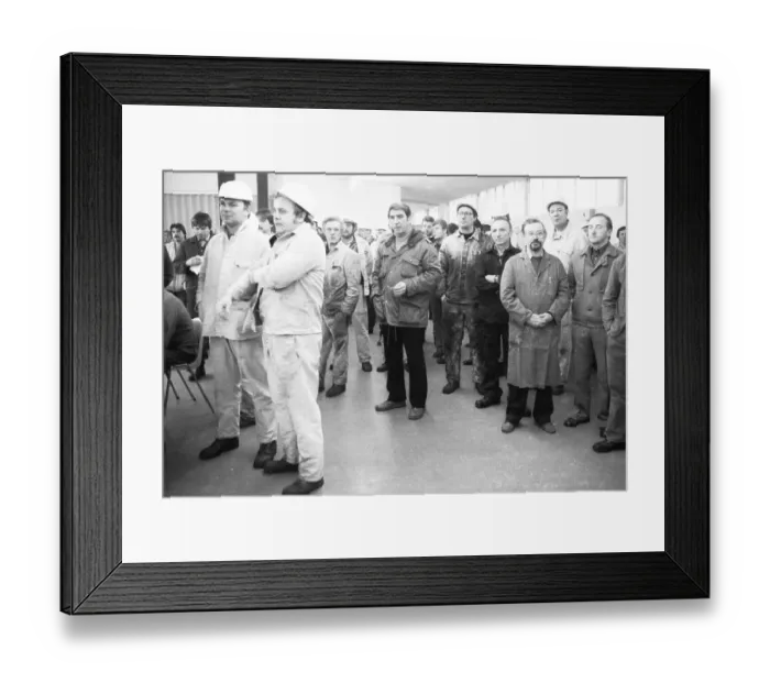 Framed Print : The members of IG Metall decided to go on a warning strike at a works meeting at the Hoesch AG Westfalenhuette plant in Framed Print : The members of IG Metall decided to go on a warning strike at a works meeting at the Hoesch AG Westfalenhuette plant in