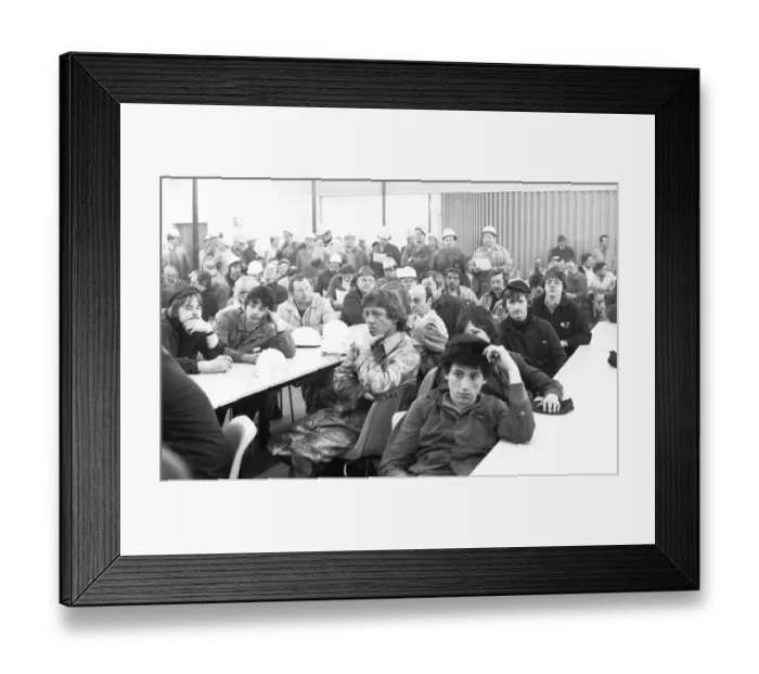Framed Print : The members of IG Metall decided to go on a warning strike at a works meeting at the Hoesch AG Westfalenhuette plant in