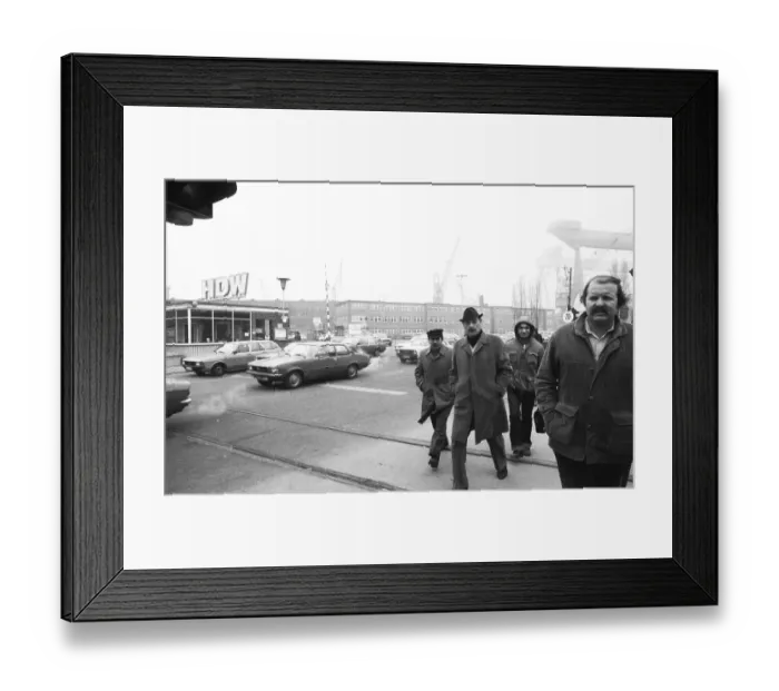 Framed Print : Howaldtswerke Deutsche Werft (HDW) Shift change 1982 Framed Print : Howaldtswerke Deutsche Werft (HDW) Shift change 1982