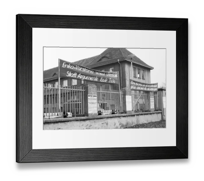 Framed Print : Workers and their works council reacted to the management's intention to stop work at Enka AG in Kassel in 1982 Framed Print : Workers and their works council reacted to the management's intention to stop work at Enka AG in Kassel in 1982