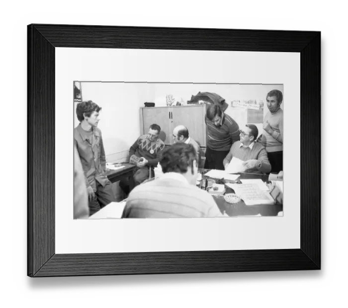 Framed Print : Workers and their works council reacted to the management's intention to stop work at Enka AG in Kassel in 1982 Framed Print : Workers and their works council reacted to the management's intention to stop work at Enka AG in Kassel in 1982