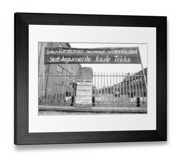 Framed Print : Workers and their works council reacted to the management's intention to stop work at Enka AG in Kassel in 1982 Framed Print : Workers and their works council reacted to the management's intention to stop work at Enka AG in Kassel in 1982