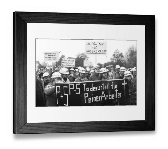 Framed Print : 3000 steelworkers at the Peine-Salzgitter steelworks took to the streets in 1982 to protest out of concern for their