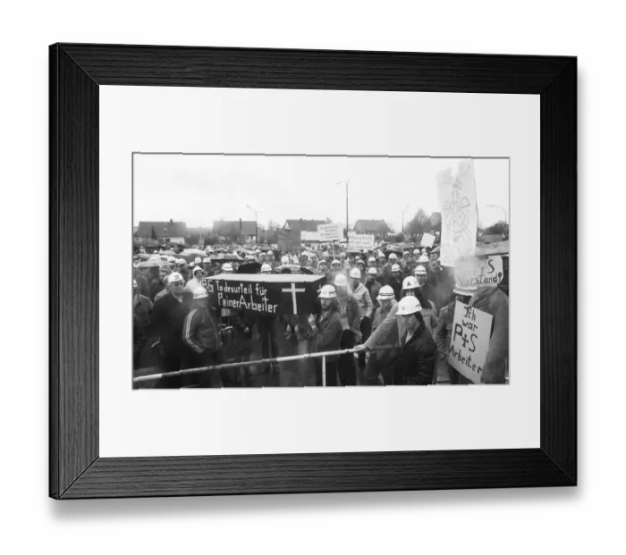 Framed Print : 3000 steelworkers at the Peine-Salzgitter steelworks took to the streets in 1982 to protest out of concern for their