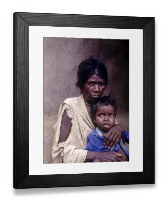 Framed Print : Jenu Kurumba tribal with son at Nagarhole